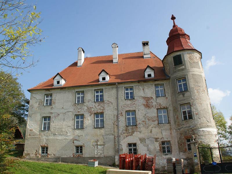 Das renovierungsbedürftige Schloss im Mürztal - solides Dach, jedoch die Fassade ist in einem renovierungsbedürftigen Zustand.